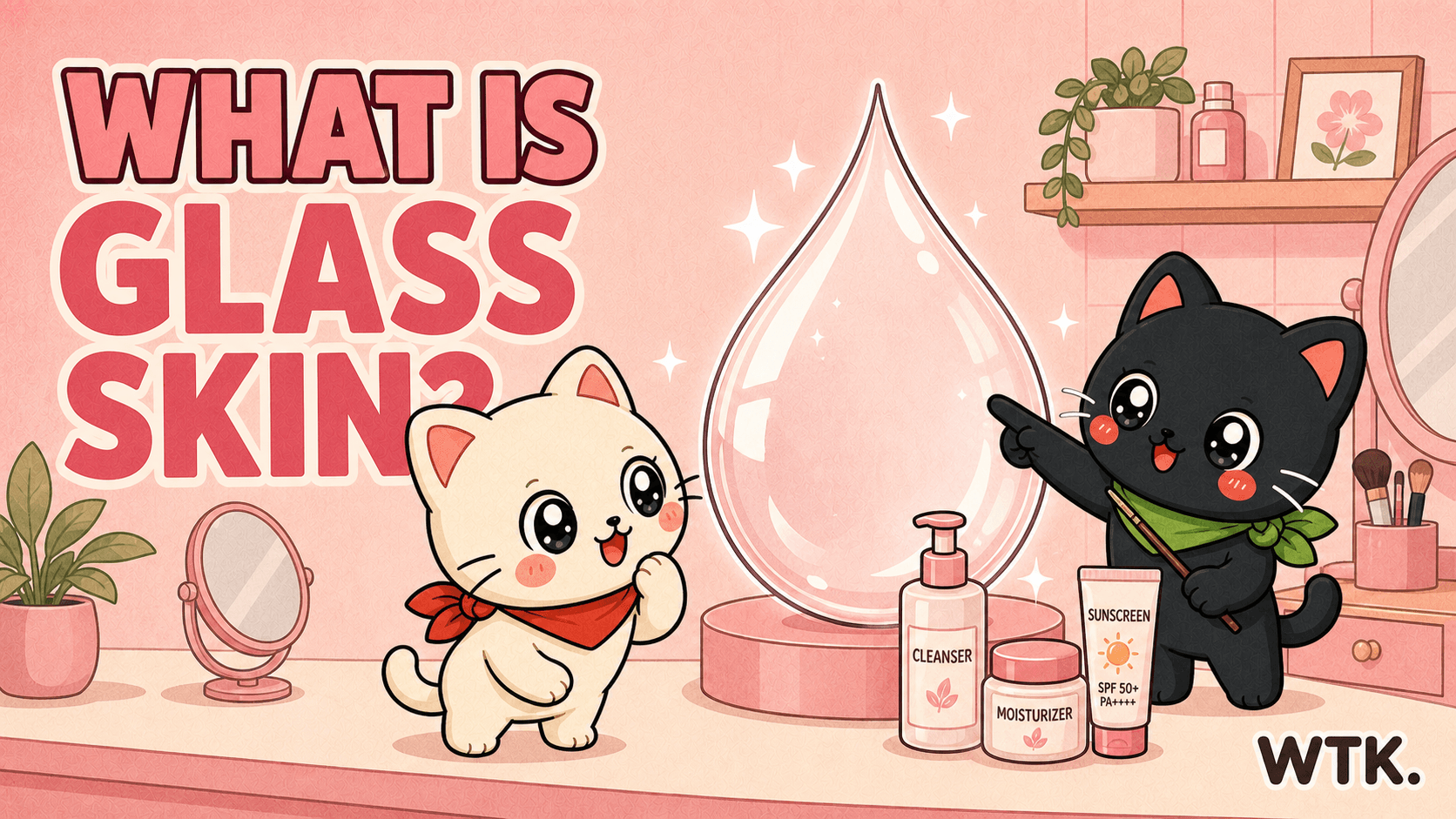 What Is Glass Skin? — What the Korea cover art with a glowing Korean skincare model and mascot cats