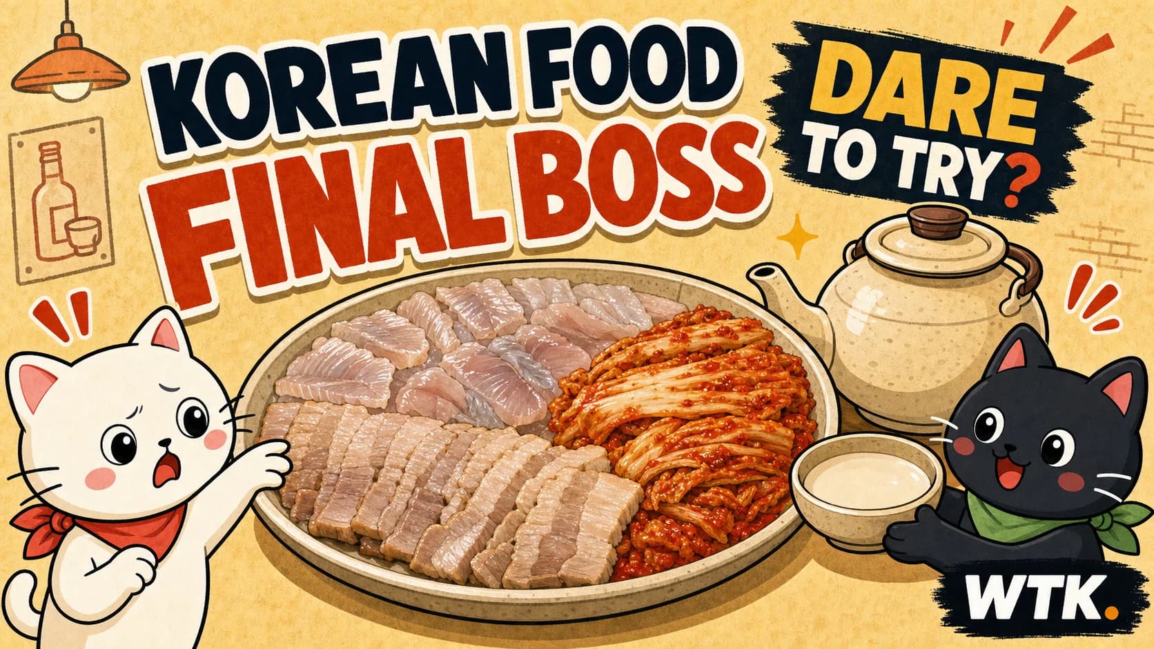 Korean Food Final Boss — WTK cover art with mascot cats presenting fermented skate, boiled pork, aged kimchi, and makgeolli