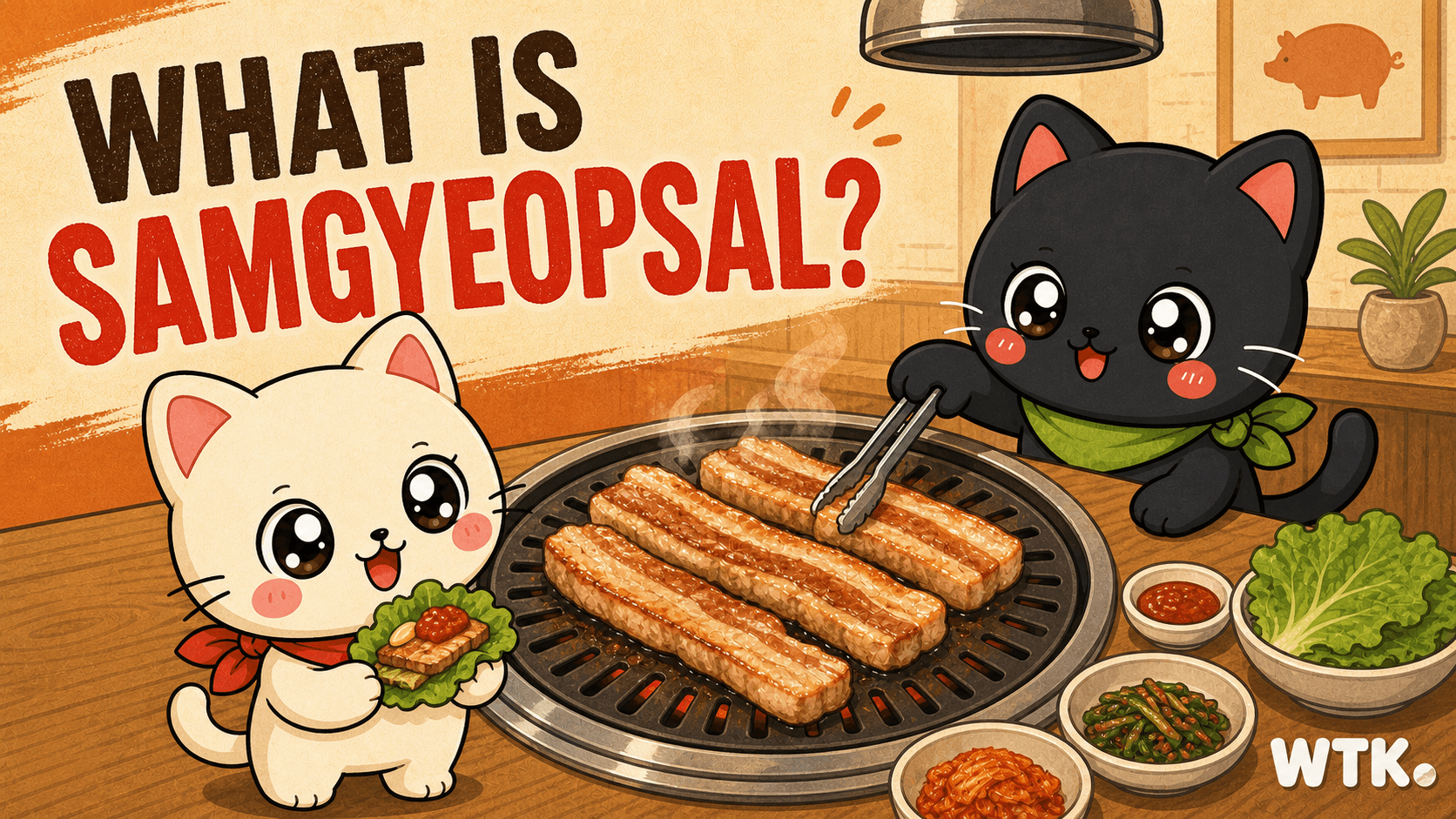 Bori and Hodu grill thick slices of samgyeopsal and prepare a lettuce wrap at a Korean barbecue table