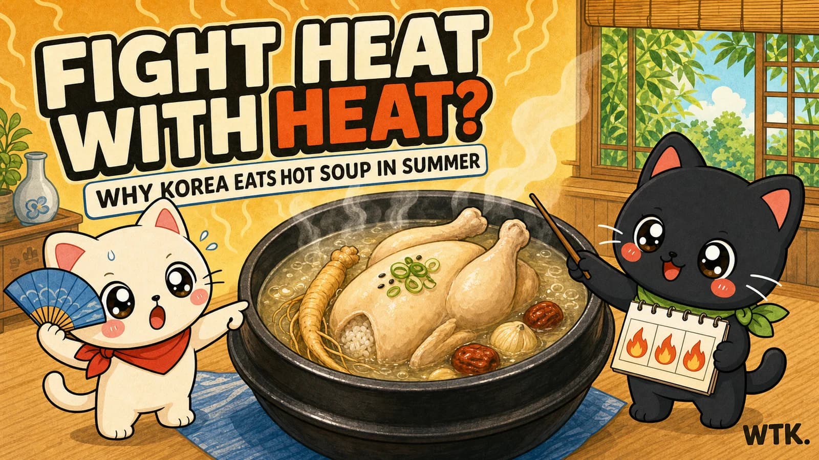 Bori fans away summer heat while Hodu explains three boknal days beside a steaming bowl of samgyetang