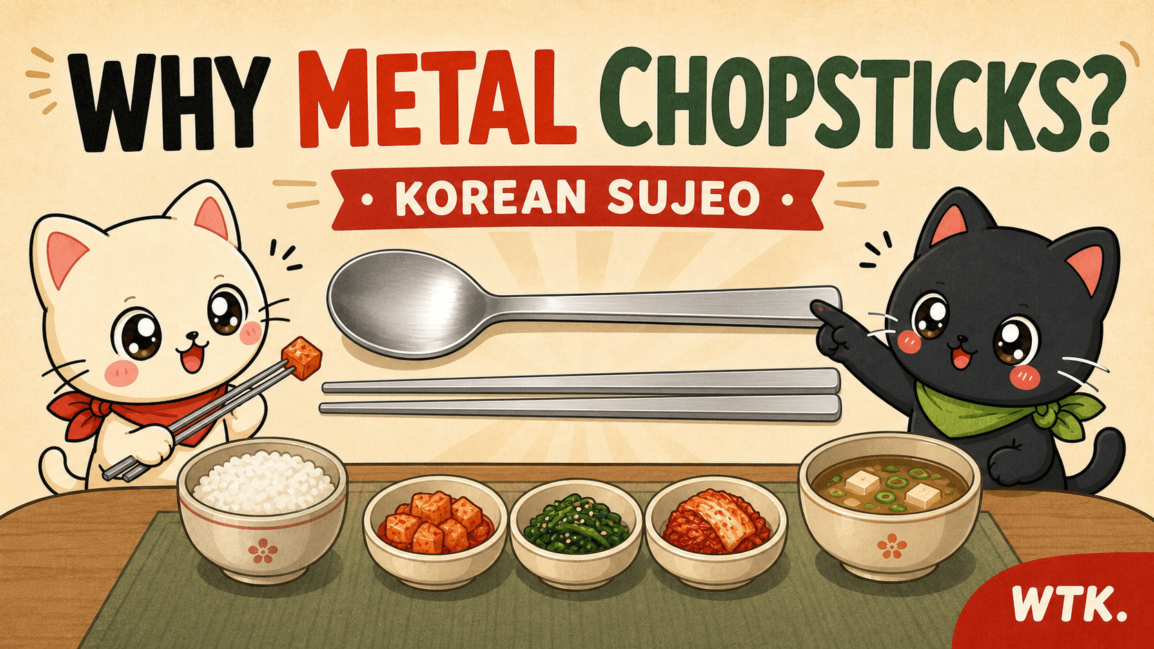 Korean flat metal chopsticks and spoon arranged as a sujeo set beside rice, soup, and banchan