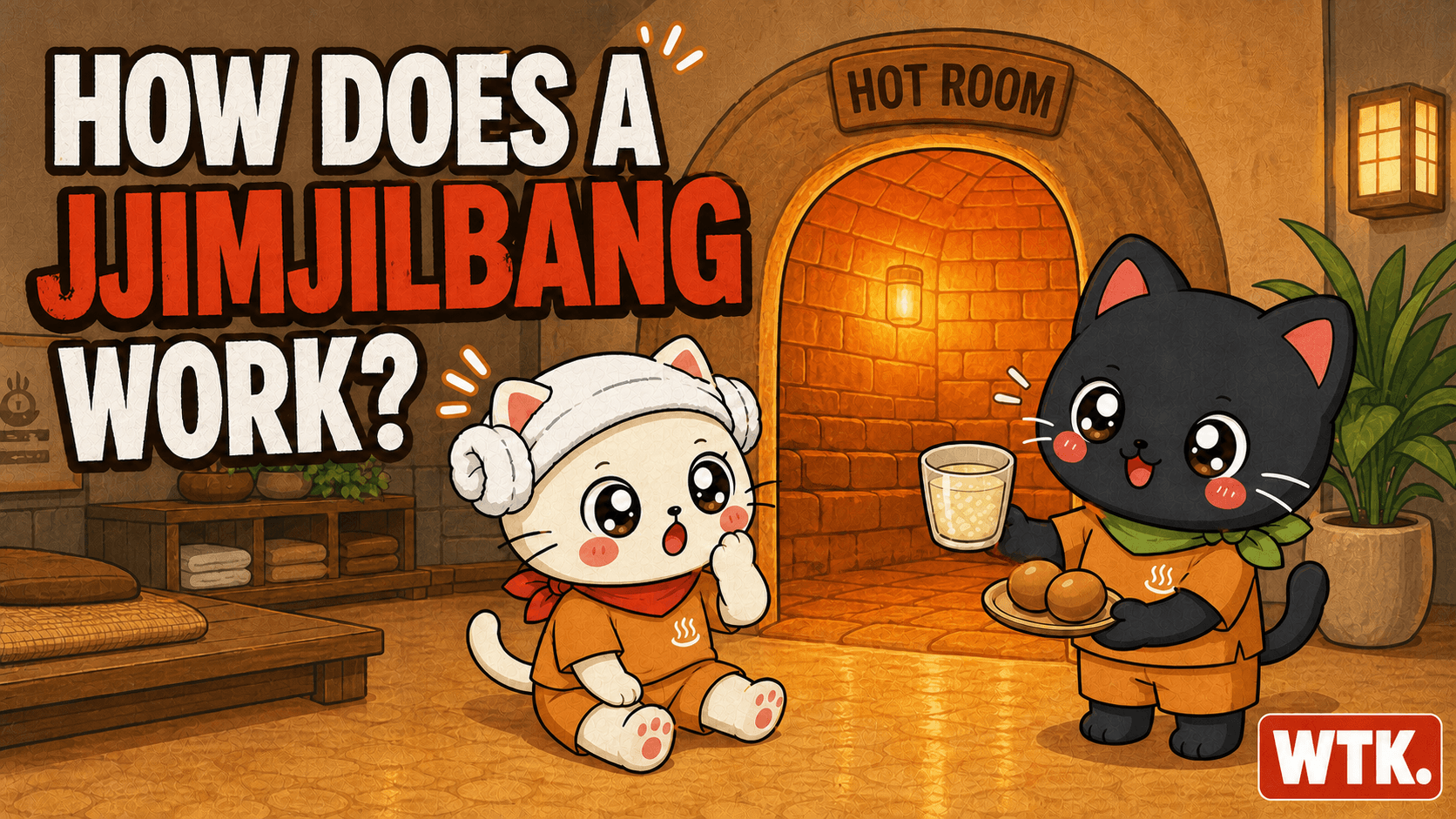 How a Korean jjimjilbang works — Bori and Hodu relax beside a hot sauna room with sikhye and eggs