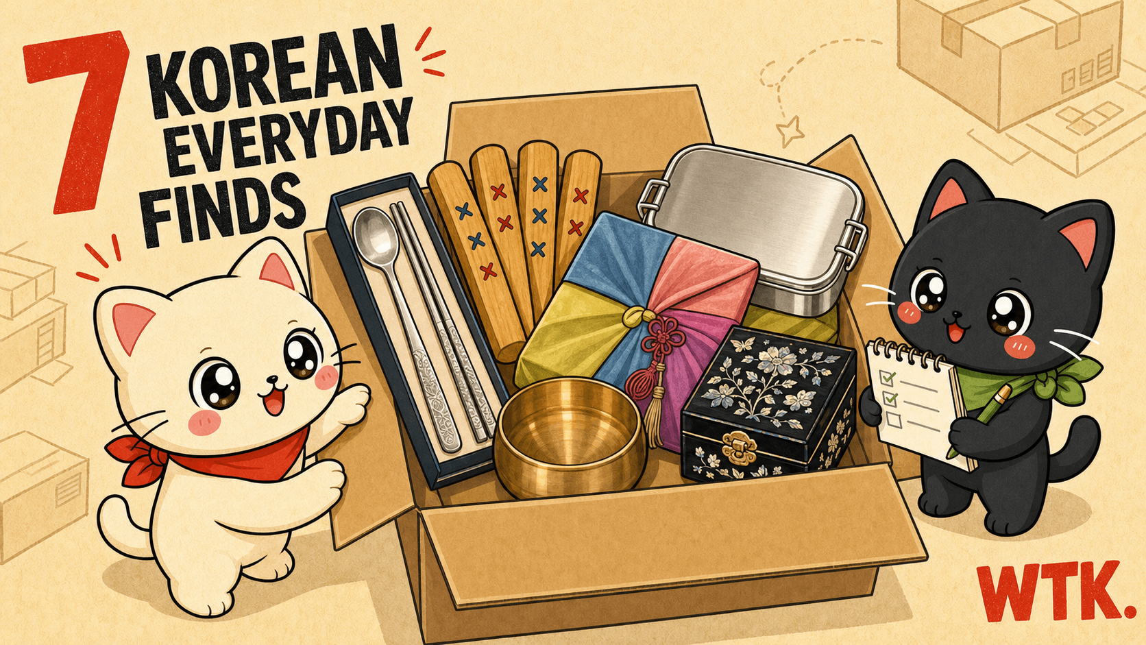 Seven Korean everyday objects worth finding on eBay, arranged around the WTK cat mascots
