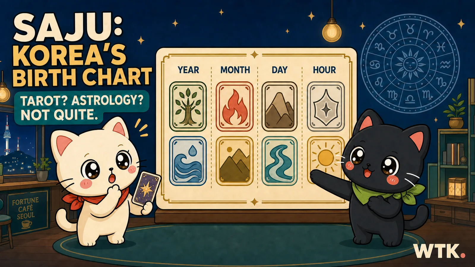 Bori compares a tarot card while Hodu explains a Korean saju birth chart with year, month, day, and hour pillars
