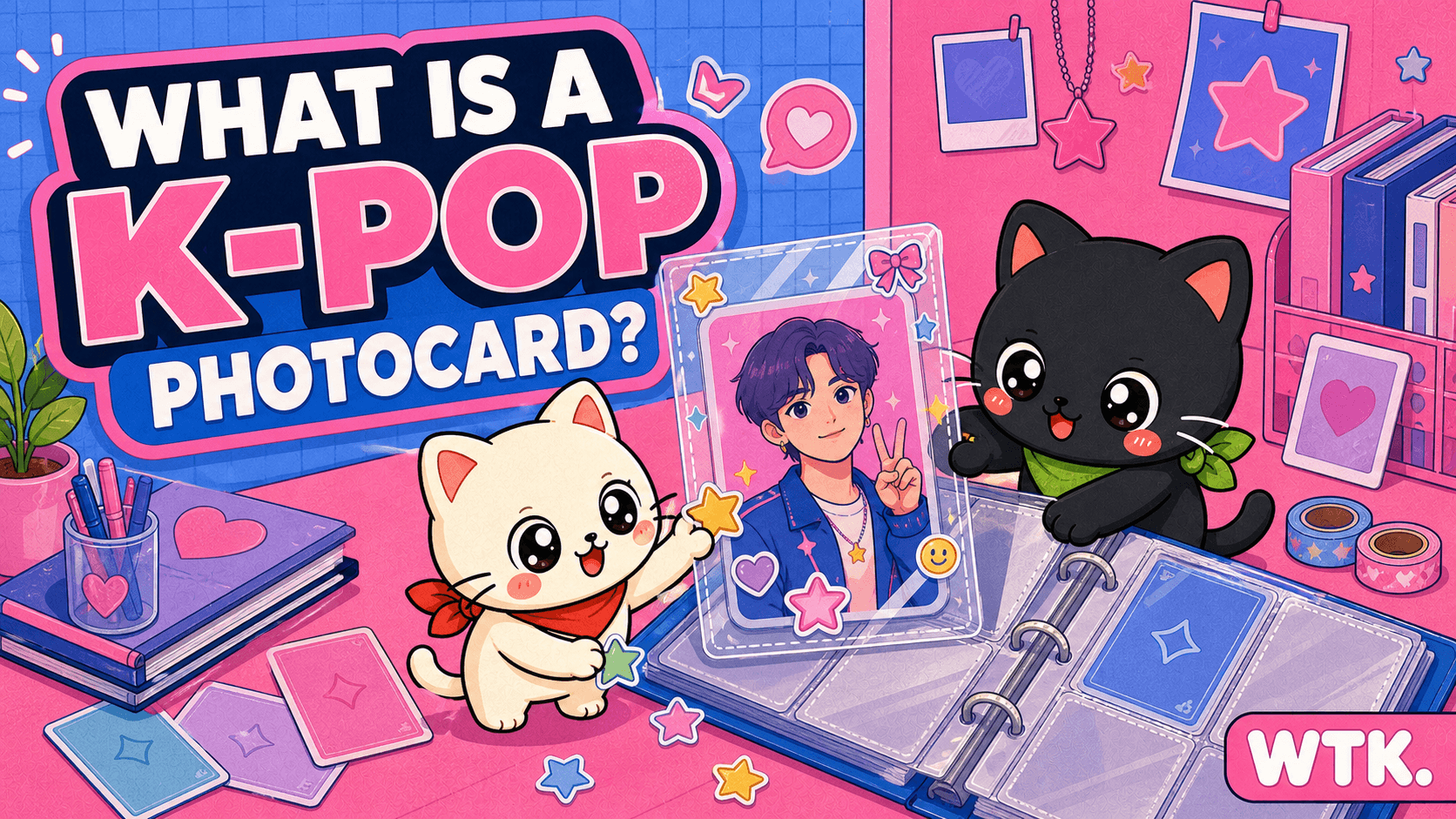 What Is a K-Pop Photocard? — What the Korea cover art with idol photocards and mascot cats