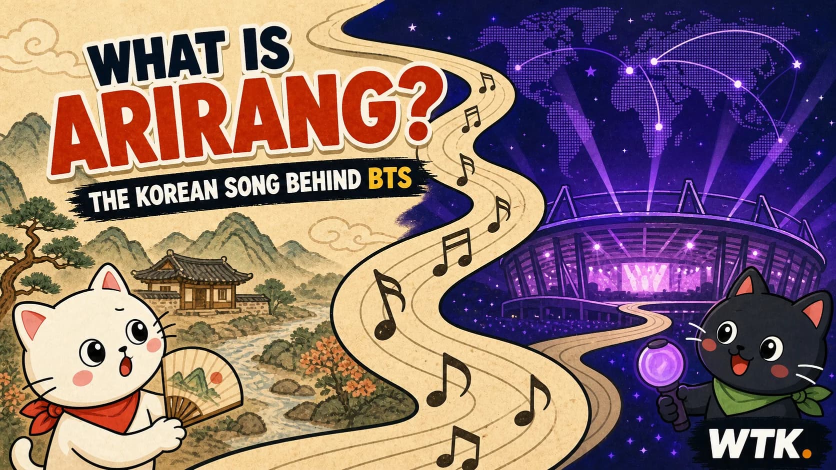 What Is Arirang? — WTK cover art with mascot cats following a musical mountain pass from a traditional Korean landscape to a purple world-tour stadium