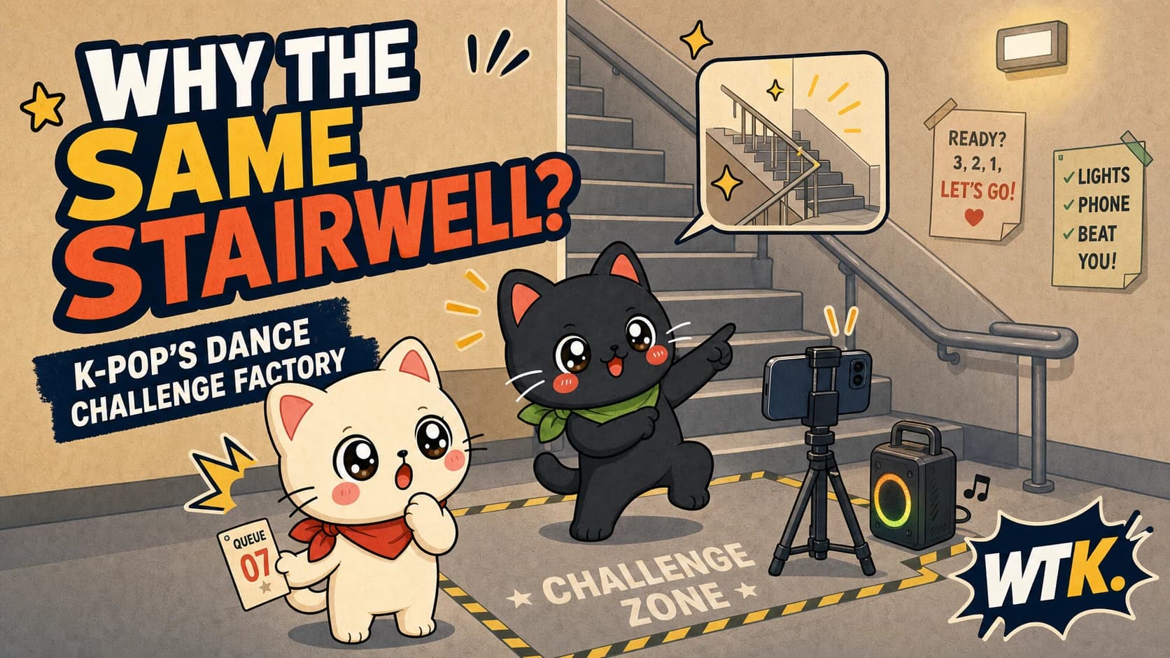 Why K-Pop Idols Dance in the Same Stairwell — Bori and Hodu filming a dance challenge beside a numbered stairwell studio